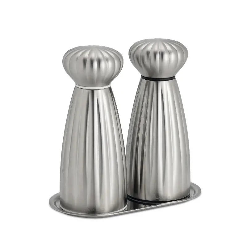 Robert Welch Palm Satin Salt And Pepper Mill Set With Stainless Steel Tray 1