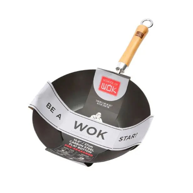 School Of Wok 10.5" Flat-Bottom Pre-Seasoned Carbon Steel Wok 1