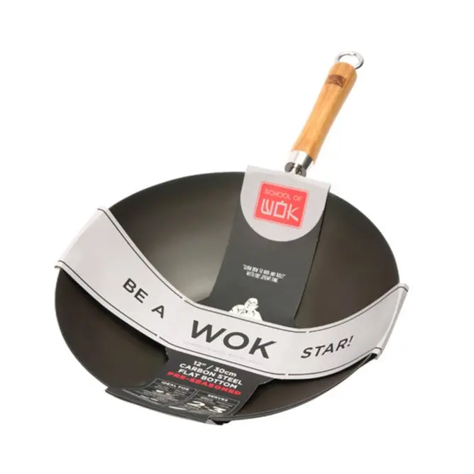 School Of Wok 12" Flat-Bottom Pre-Seasoned Carbon Steel Wok 1