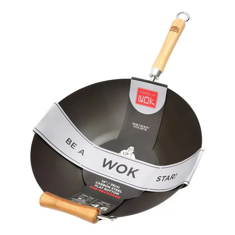 School Of Wok 14" Flat-Bottom Pre-Seasoned Carbon Steel Wok 1