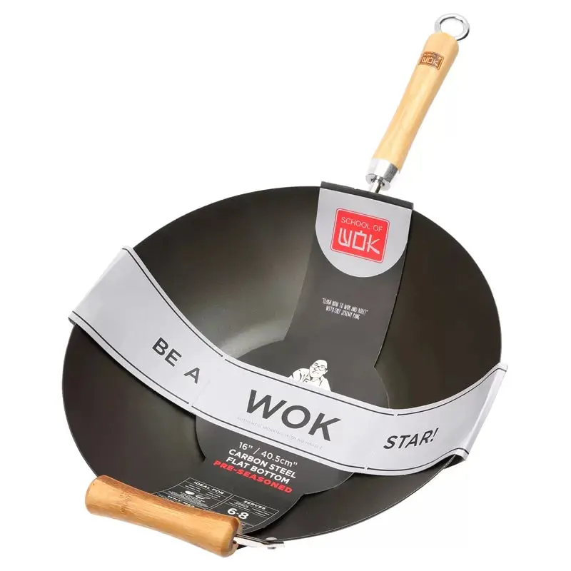 School Of Wok 16-Inch Flat-Bottom Wok – Pre-Seasoned Carbon Steel, Stovetop Ready 1